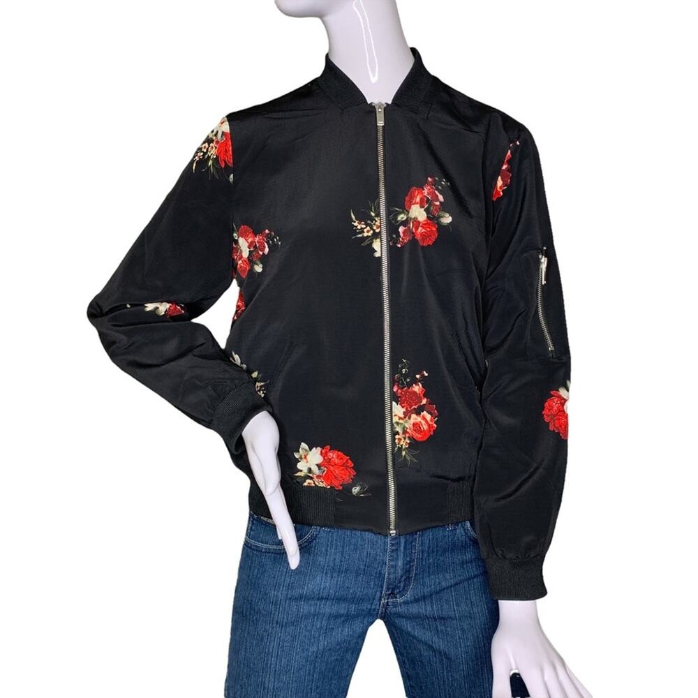 Philosophy Jacket Size S Black Floral Print Long Sleeve Zipper Down